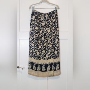 Talbots Vintage Silk Maxi Wrap Style Skirt Black Tan Floral Lined Size 10